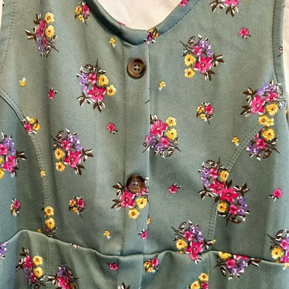 NWT Girls Green Floral Overall Dress Off White Long Sleeve Shirt - Size 12
